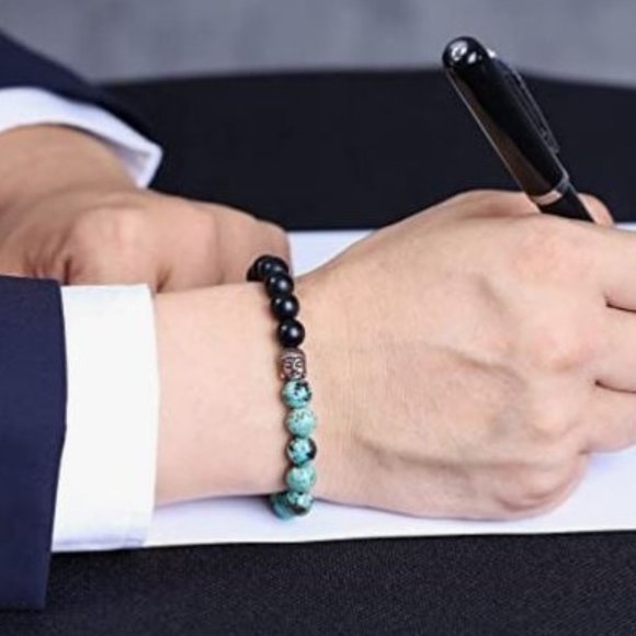 10mm African Turquoise Matte Black Onyx Buddha Head Stone Bead Stretch Bracelet - Picture 3 of 9